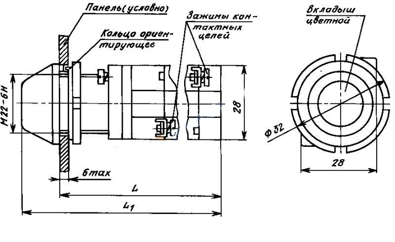 Схема габаритных размеров кнопки КМЕ-4231
